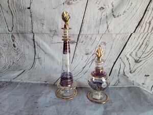 Lot 2 Vintage Egyptian Perfume Bottles 4.5" & 7.5" Etched Gold Hand Blown Glass